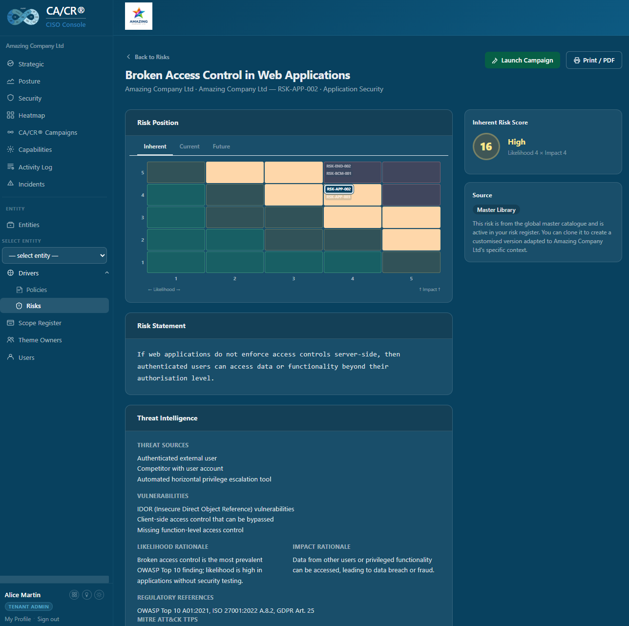 CA/CR® CISO Console — Risk Register