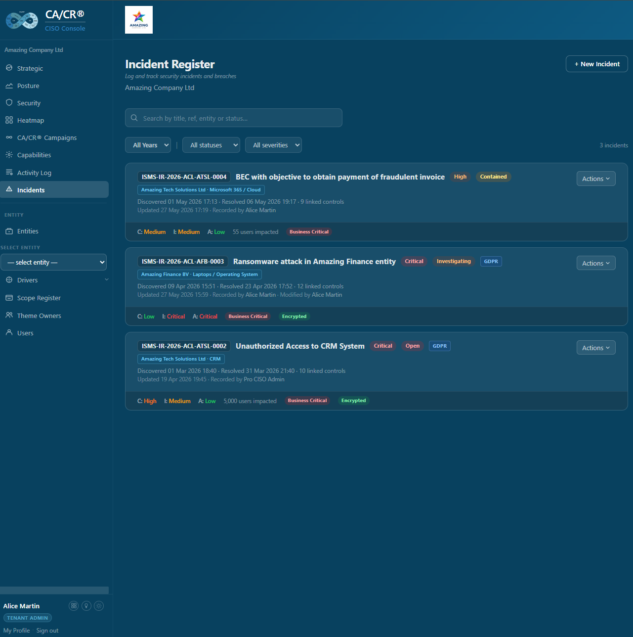 CA/CR® CISO Console — Incident Register